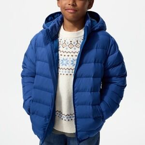 Uniqlo Kids Pufftech Padded Hooded Parka Zip Jacket 9-10 Blue Quilt Boys Unisex